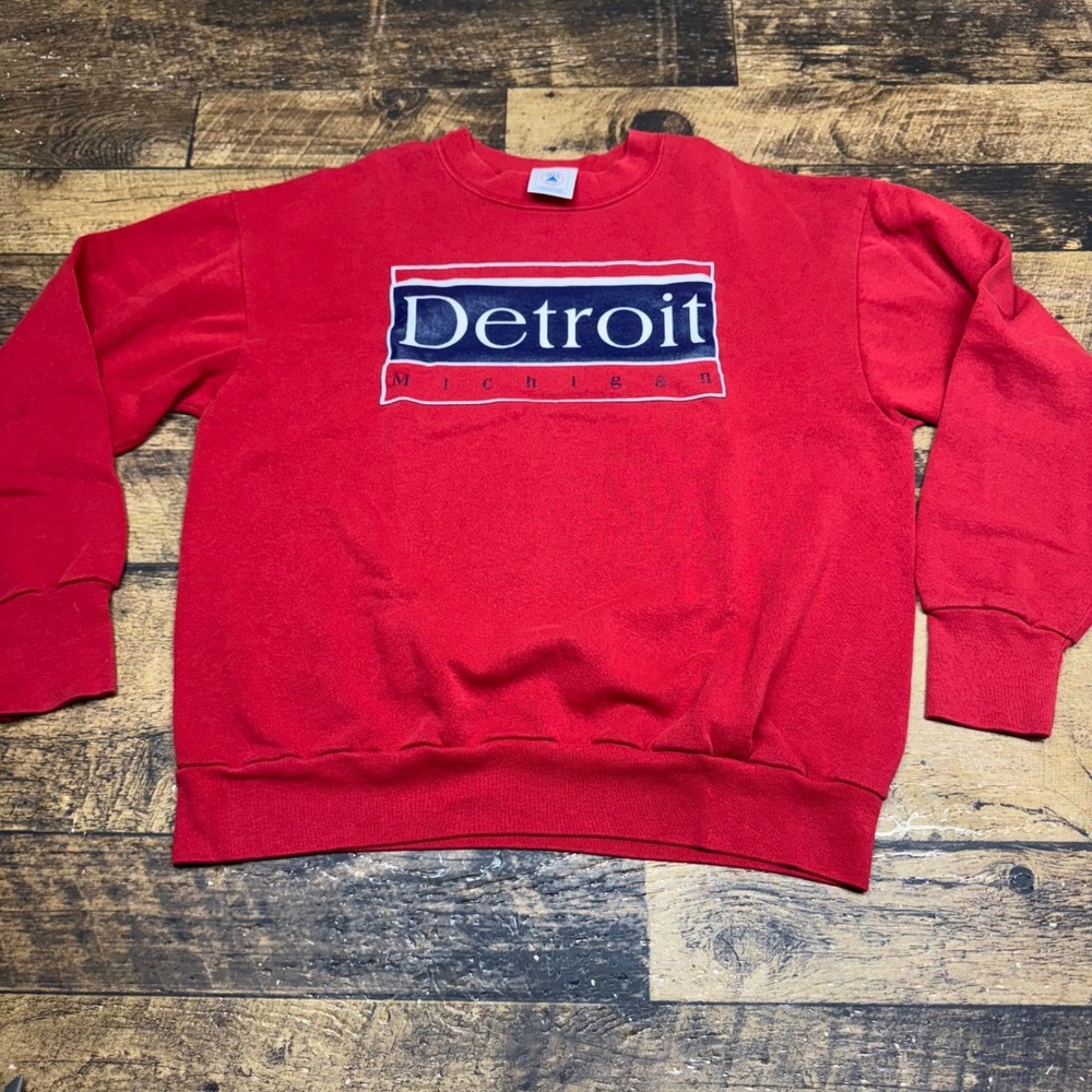 Vintage Large Red Detroit Michigan Sweatshirt Made In‎ USA Hip Hop Delta Tag